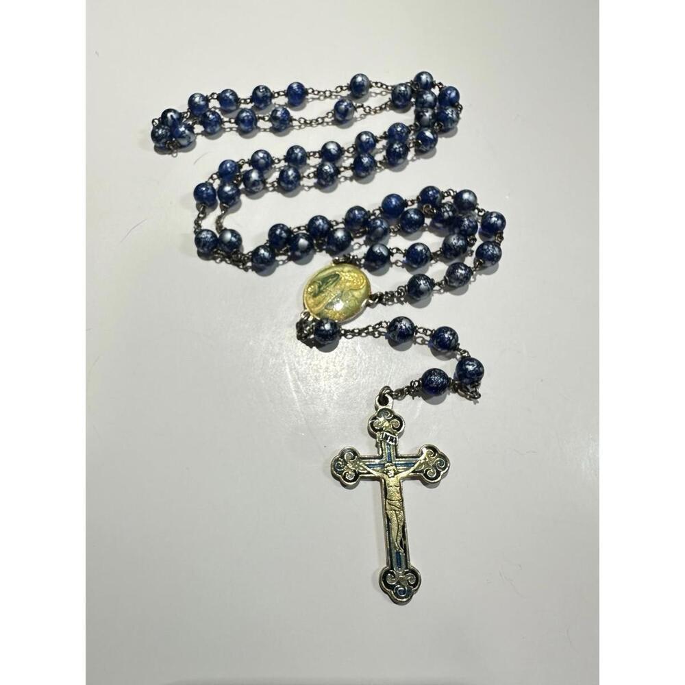 Catholic Rosary, Blue Glass Bead W Silver Specks, Enamel & Gold Toned Cross 21”